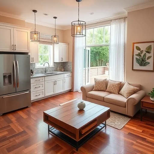 Modern kitchen and living space in Boynton Beach with sleek cabinetry, stainless appliances, and natural light.
