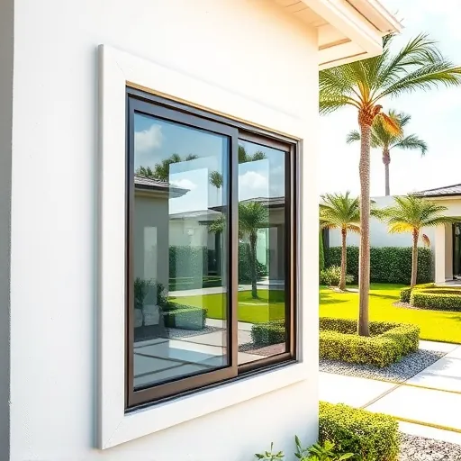 Close-up of a sleek contemporary hurricane impact window installed on a coastal home in Riviera Beach FL with lush landscaping background