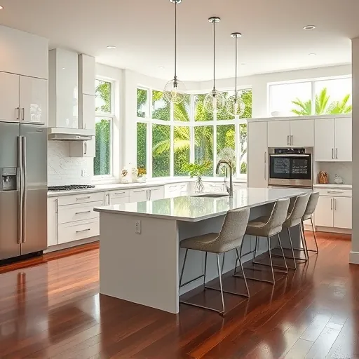 Spacious modern kitchen remodel in Palm Beach Gardens with glossy white cabinetry and marbled quartz countertops.