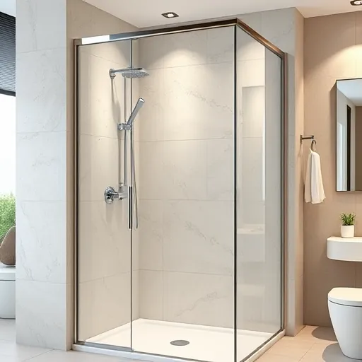 Newly installed high-end shower with chrome fixtures, frameless glass, neutral tiles, and modern bathroom design in Riviera Beach