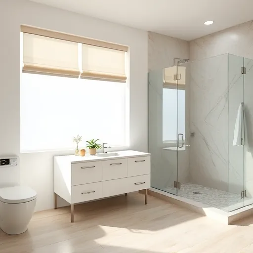 Remodeled West Palm Beach bathroom with marble vanity, glass shower, natural light, earth-tone tiles, and minimalist decor