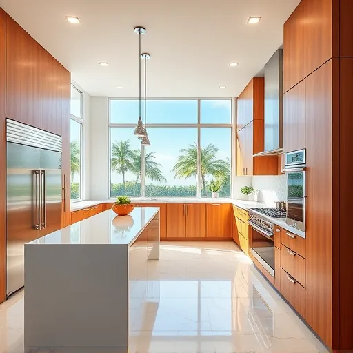 Renovated high-end Riviera Beach kitchen with warm wood cabinetry stainless steel appliances luminous island marble flooring and large windows