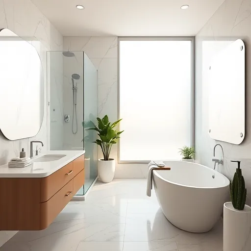 Modern renovated bathroom with walk-in shower, marble tiles, soaking tub, sleek vanity, frosted window, and elegant decor.