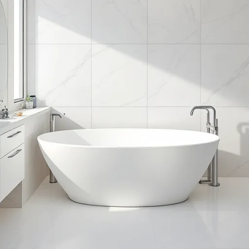 Clean white bathtub with chrome fixtures in a modern Riviera Beach bathroom featuring marble countertops and tiled walls.