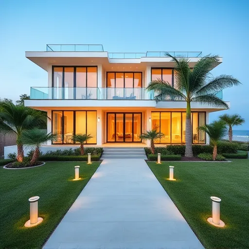 Completed remodeling project in Highland Beach FL featuring a modern coastal home with elegant landscaping and ocean hues.