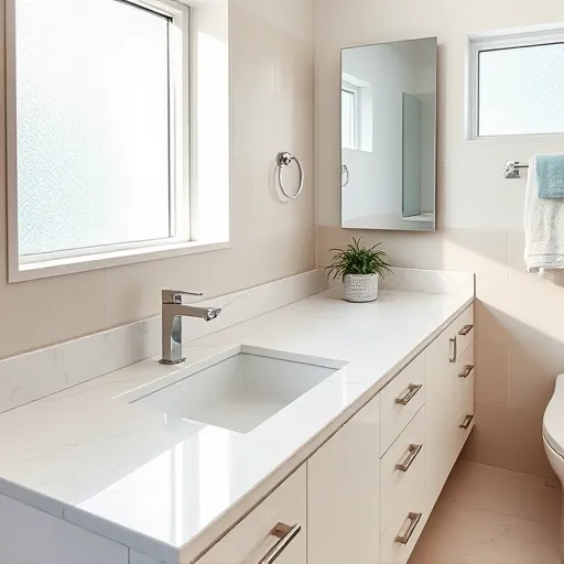 Modern Riviera Beach bathroom with marble vanity, chrome fixtures, frameless mirror, beach-inspired decor, and natural daylight.