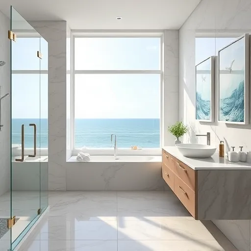 Renovated Jensen Beach bathroom with marble countertops sleek glass shower minimal fixtures ocean-inspired decor