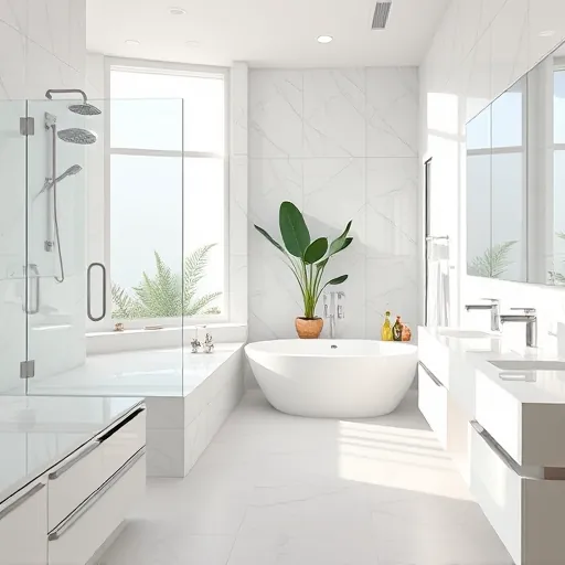 Luxurious renovated bathroom in Delray Beach with glass shower, marble countertops, chrome fixtures, soaking tub and coastal decor