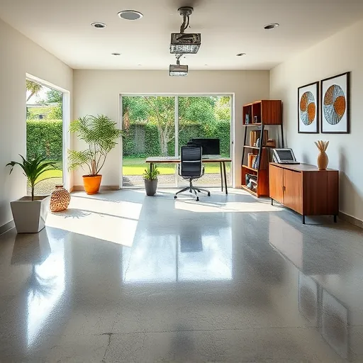Modern garage conversion in Riviera Beach Florida with epoxy floors, stylish furniture, natural light, and coastal outdoor views