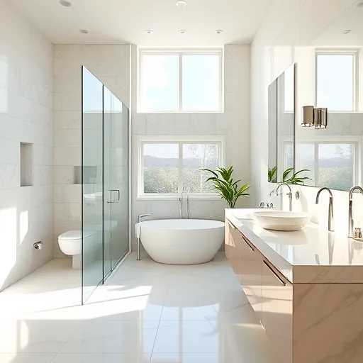 Renovated Juno Beach bathroom with walk-in shower, freestanding tub, marble vanity, neutral colors, natural light, and coastal touches