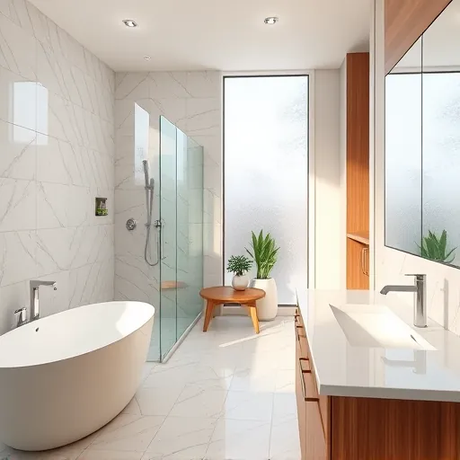 Remodeled Juno Ridge Florida bathroom with walk-in shower, marble tiles, freestanding tub, quartz vanity, and large frosted windows