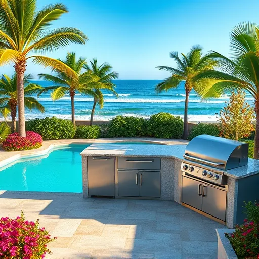 Outdoor modern kitchen in Riviera Beach Florida with stainless steel appliances granite countertops tropical plants and pool