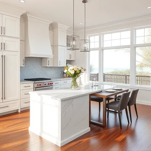 Renovated kitchen in Palm Beach Gardens with white cabinetry, granite countertop, stylish island, and polished hardwood floors.