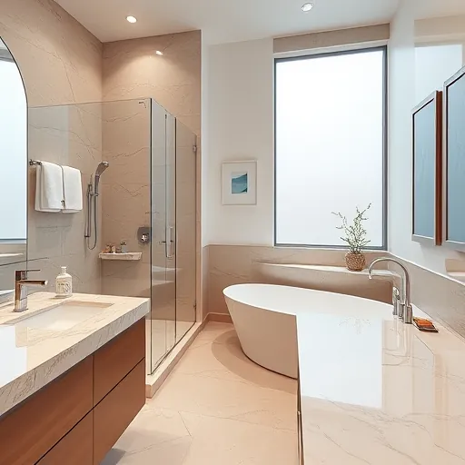 Modern renovated South Bay Florida bathroom with marble countertops walk-in shower freestanding tub lush decor