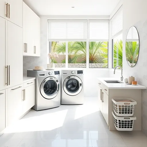 Renovated Riviera Beach laundry room with modern neutral cabinetry, stainless steel appliances, coastal tiles, and sunlight.