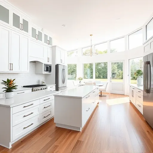 Modern kitchen remodel in Jupiter FL with open layout, white cabinetry, quartz island, and stainless steel appliances.