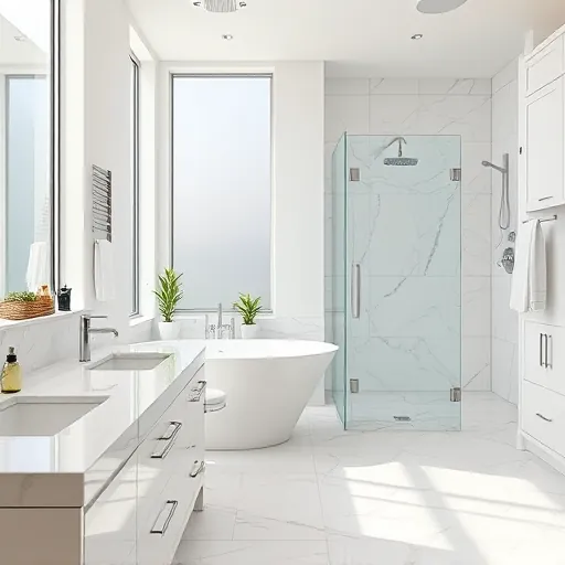 Modern renovated bathroom in Haverhill Florida with white marble countertops, walk-in glass shower, freestanding bathtub, and natural lighting