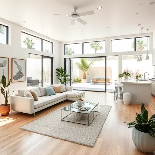 Open-concept Palm Springs living space with high ceilings, modern furnishings, and seamless indoor-outdoor flow.