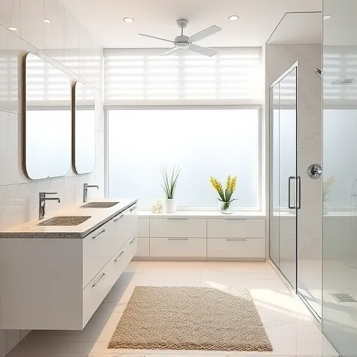 Stunning Palm Beach Gardens bathroom with sleek fixtures, walk-in shower, marble tiles, double vanity, and natural light