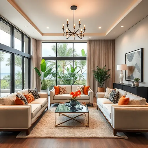 Remodeled living room in Mangonia Park FL with modern furniture, elegant decor, and natural light from large windows.
