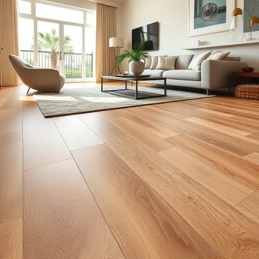 Vinyl plank flooring in a modern renovated living room with natural light, neutral walls, minimalist decor, and elegant accessories