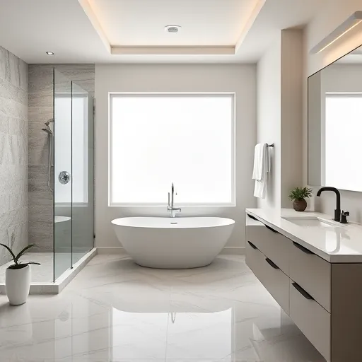 Completed upscale bathroom in Jupiter FL with modern design, walk-in shower, freestanding tub, double vanity, and minimalist decor