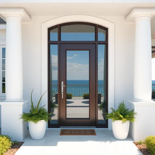 Freshly installed modern hurricane impact door with reinforced glass on a sunny Riviera Beach Florida home with lush landscaping