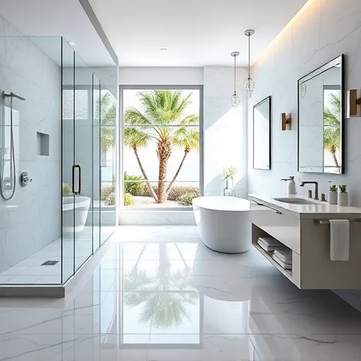 Freshly renovated Riviera Beach bathroom with modern design, marble floors, walk-in shower, and freestanding tub by window.