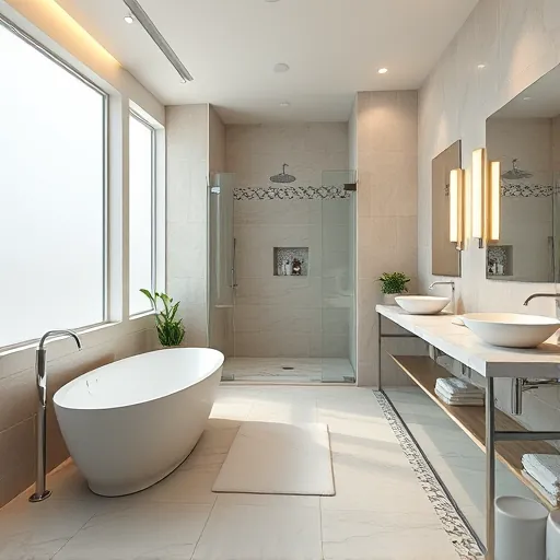 Beautiful remodeled bathroom in North Palm Beach with modern fixtures, marble double vanity, glass shower, and coastal tones