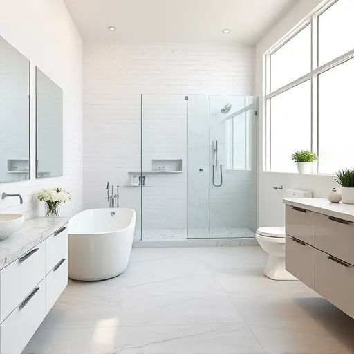 Modern Lantana Florida bathroom with freestanding tub, glass shower, marble countertops, white subway tiles, and natural light