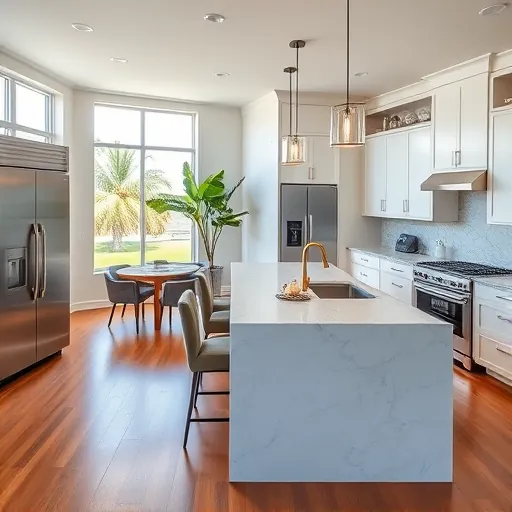 Remodeled modern kitchen in West Palm Beach with stainless steel appliances, quartz countertops, and open dining area.