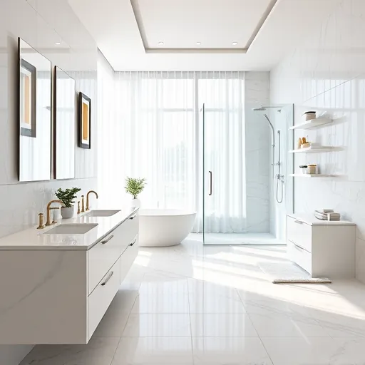 Modern bathroom in North Palm Beach with glass shower, marble countertops, greenery, and natural sunlight