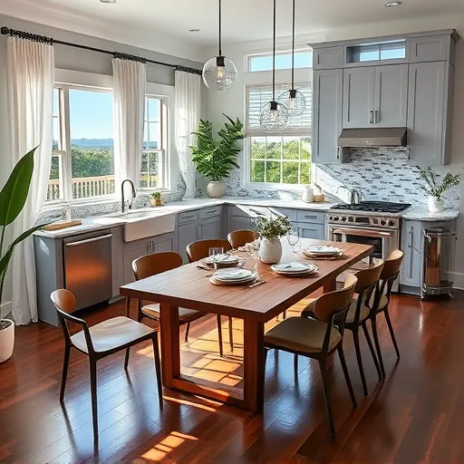 Modern kitchen remodel in Wellington FL features stainless steel appliances, quartz countertops, mosaic backsplash, and lush plants.
