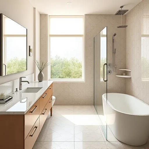 Remodeled Mangonia Park bathroom with sleek modern design, marble countertops, frameless glass shower, and lush greenery view