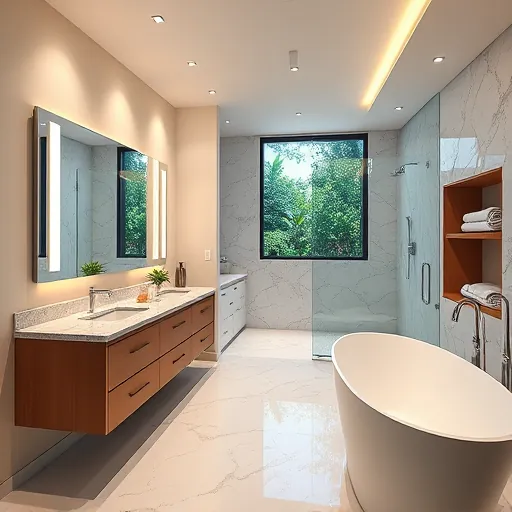Modern bathroom in Mangonia Park with marble flooring, glass shower, freestanding tub, double vanity, and lush greenery view