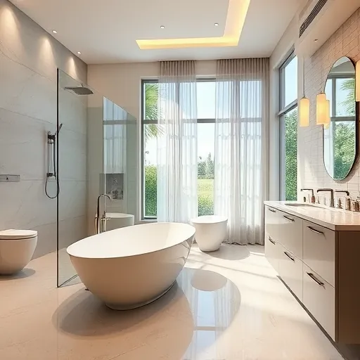Renovated Palm Beach Gardens bathroom with modern fixtures, frameless shower, freestanding tub, marble vanity, and lush outdoor views