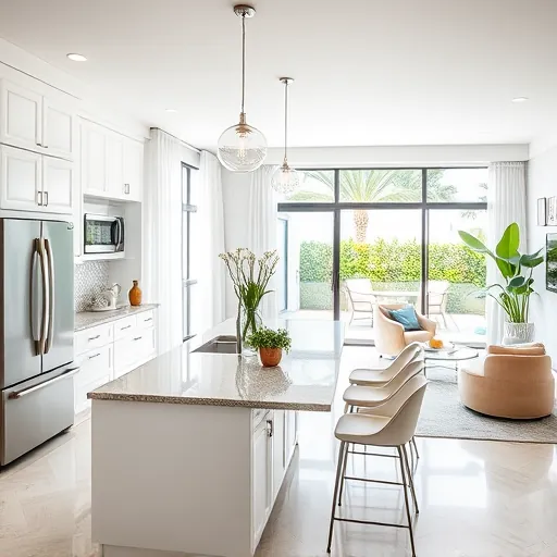 Modern kitchen remodeling in South Palm Beach with stainless steel appliances, white cabinetry, and natural stone countertops.