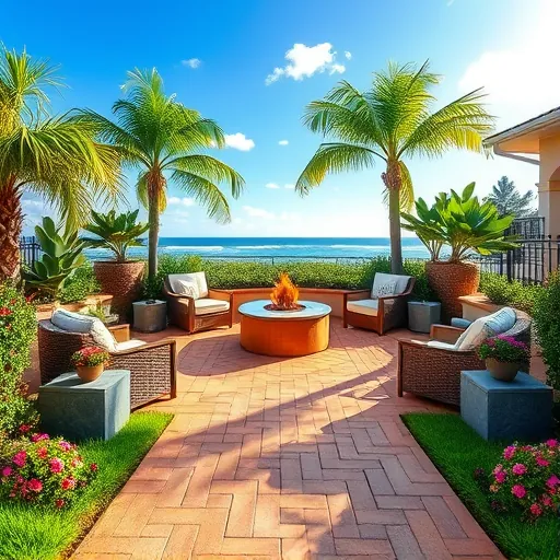 Meticulously finished tropical patio in Riviera Beach FL with warm paver tones, fire pit, lush greenery, and stylish outdoor furniture