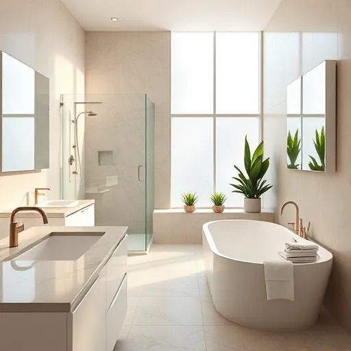 Recently remodeled South Bay Florida bathroom with marble countertops walk-in glass shower soaking tub modern decor natural light lush plants and elegant fixtures