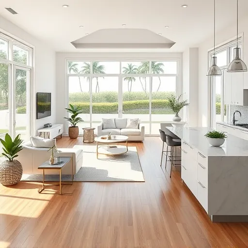 Bright open-concept living space in Delray Beach with elegant hardwood floors, modern furniture, and natural light.