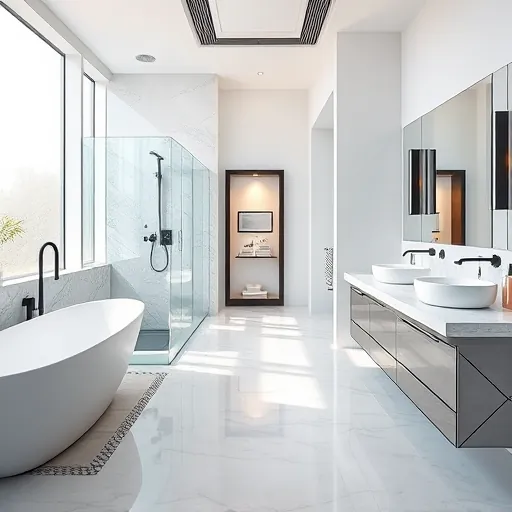 Modern South Bay Florida bathroom remodel with glass shower, soaking tub, marble double vanity, porcelain tiles, and elegant fixtures