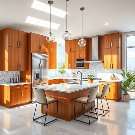 Modern kitchen remodeling in Okeechobee FL with warm wood cabinetry, granite countertops, and elegant lighting.