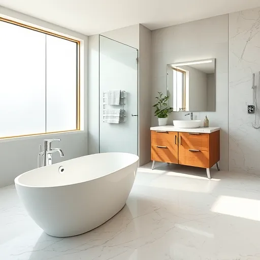 Final result of a bathroom remodel in Jensen Beach FL featuring modern design, marble tub, polished finishes, and natural lighting.