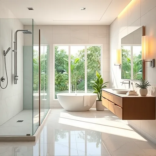 Remodeled Delray Beach bathroom with glass shower, soaking tub, modern vanity, marble floors, and lush greenery light
