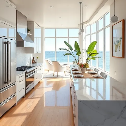 Elegant South Palm Beach kitchen remodel features marble countertops, modern appliances, and spacious open layout.