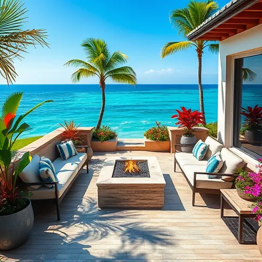Remodeled outdoor patio in Singer Island FL featuring modern furniture, fire pit, tropical landscaping, and ocean view.