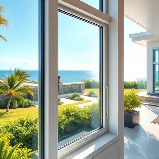 Freshly installed hurricane impact window in Riviera Beach FL with coastal home, lush landscaping, ocean view, and safety features