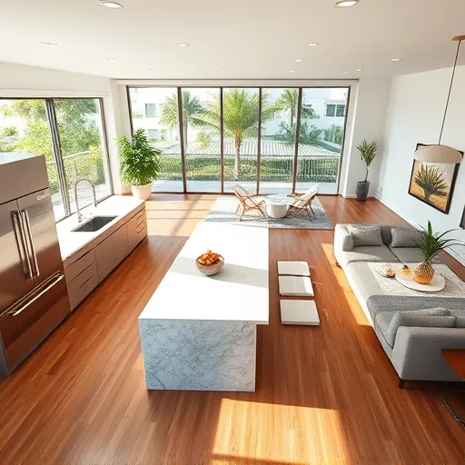 Modern living space remodel in Jupiter FL with open floor plan, large windows, luxury kitchen, and stylish decor.