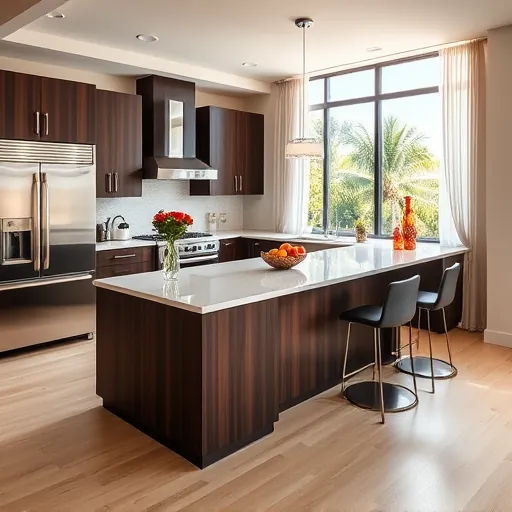 Beautifully remodeled kitchen in Hypoluxo FL featuring dark wood cabinets, quartz countertops, and stainless steel appliances.