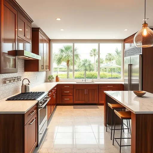 Modern remodeled kitchen in Port Saint Lucie FL features marble countertops, custom cabinetry, and stainless steel appliances.